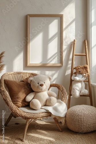 Cozy ids room interior with mock up poster frame, plush toys, brown pillow, braided armchair, round stool, ladder with ornament, beige wall with stucco and personal accessories. Home decor