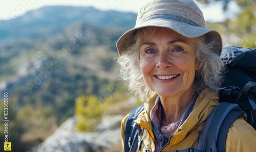 Cheerful senior woman enjoying her hiking trip, Generative AI