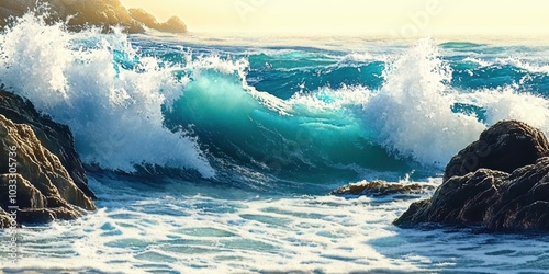 Waves crashing on rocky shore.