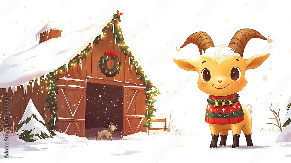 Naklejka premium Cute Goat in Christmas Sweater in Snowy Winter Barn Scene