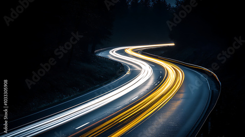 Abstract white and yellow light trails on a dark background