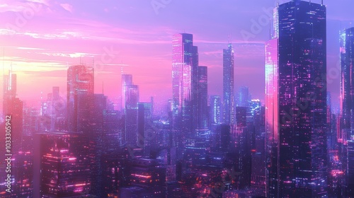 Futuristic city skyline at dusk.