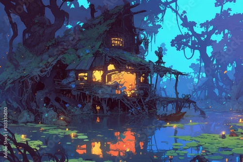 A decrepit shack in a swamp, with eerie will-o'-the-wisps, cozy vibe, Generative AI 