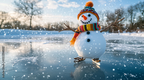 Snowman skating image: Snowman wearing a bright scarf and hat, enjoying a winter day ice skating on a frozen lake as snow falls around. Image made using Generative AI photo