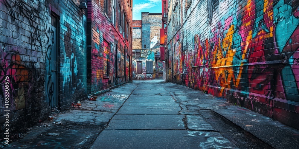 Fototapeta premium Graffiti-covered brick alleyway with concrete path.