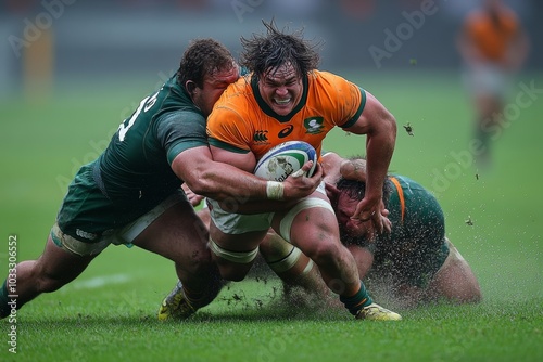 Rugby players blocking the opponent, Generative AI