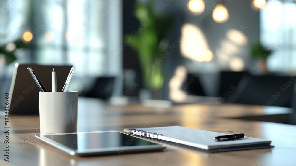 Minimalist Office Desk Setup with Tablet, Notebook, and Pen Minimalist Office Desk Setup with Tablet, Notebook, and Pen