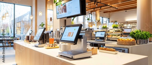 Modern Cafe Counter With Cash Register and Digital Menu.