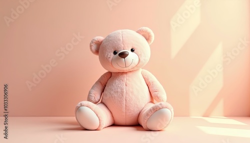 Adorable pink teddy bear sitting contentedly against a soft pink background with copy space