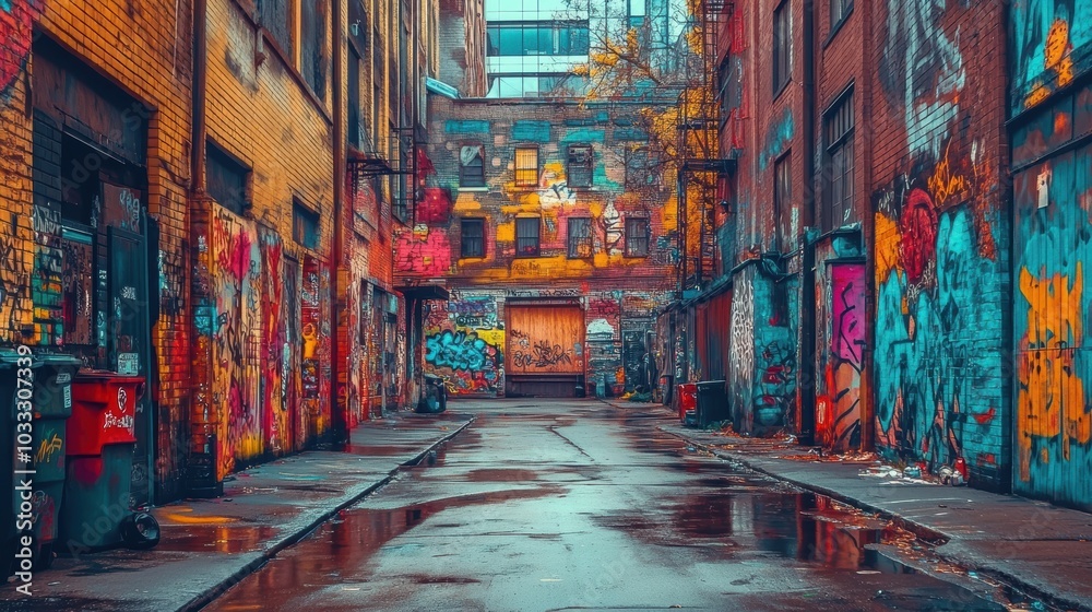 Fototapeta premium Graffiti-covered alley with puddles reflecting the colors.