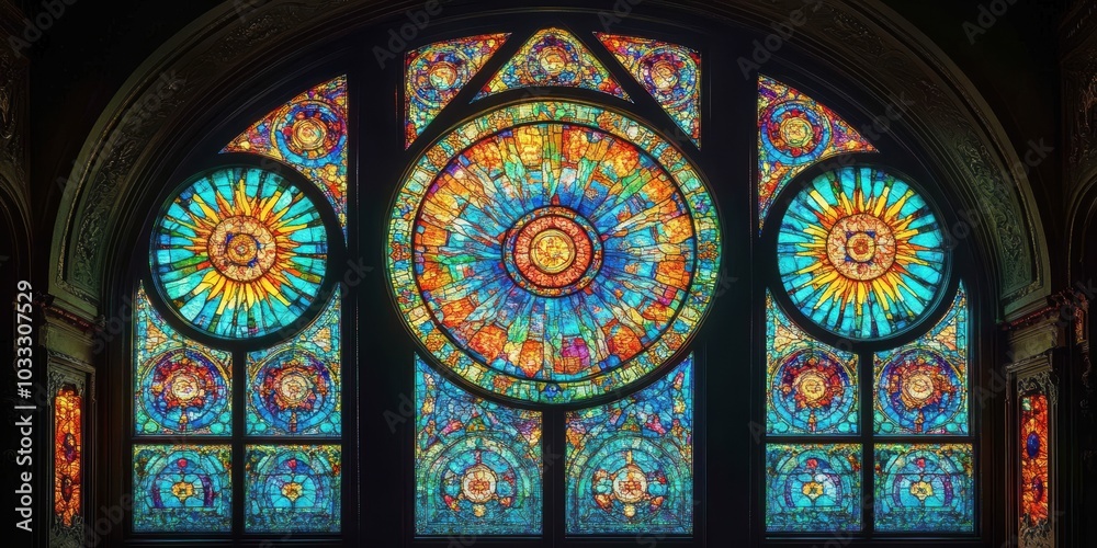 Ornate stained glass window with sun motif. Ornate stained glass window with sun motif.
