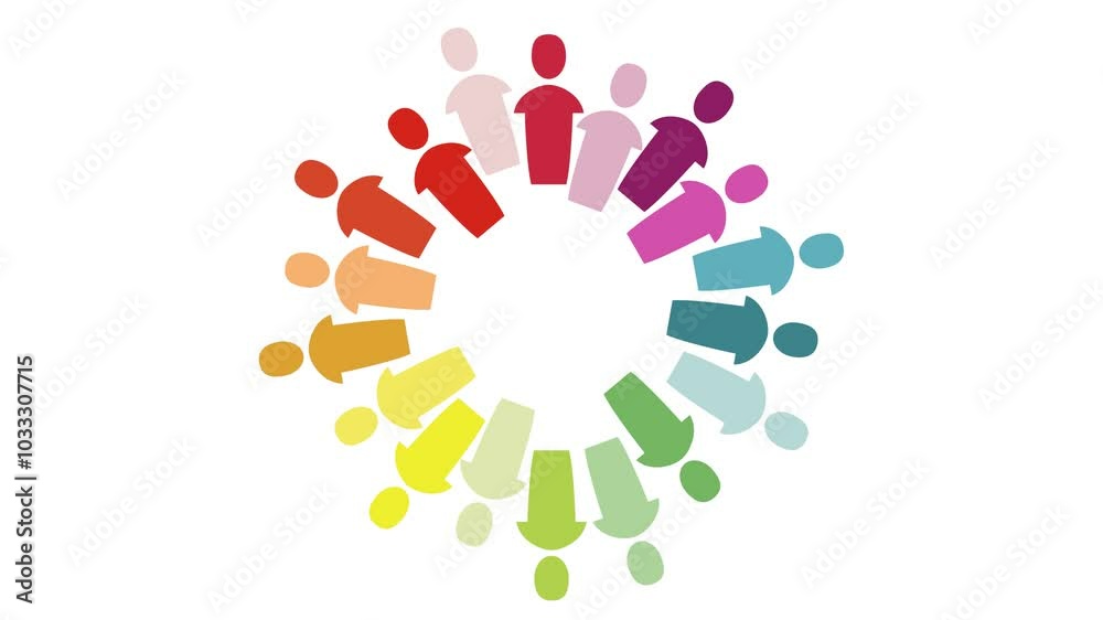 Colorful silhouettes of people are joining hands forming a circle, symbolizing togetherness and collaboration.