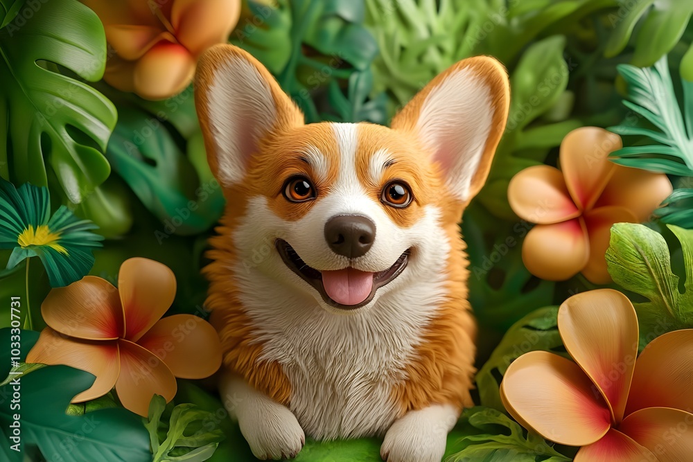 Adorable Corgi Playfully Rolling Eyes in Vibrant Tropical Jungle Scene Adorable Corgi Playfully Rolling Eyes in Vibrant Tropical Jungle Scene