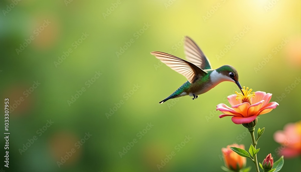 Fototapeta premium Vibrant hummingbird gracefully feeding on an orange flower against a blurred green background
