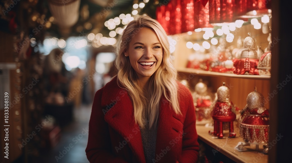 Young woman walking through a Christmas market in winter Young woman walking through a Christmas market in winter
