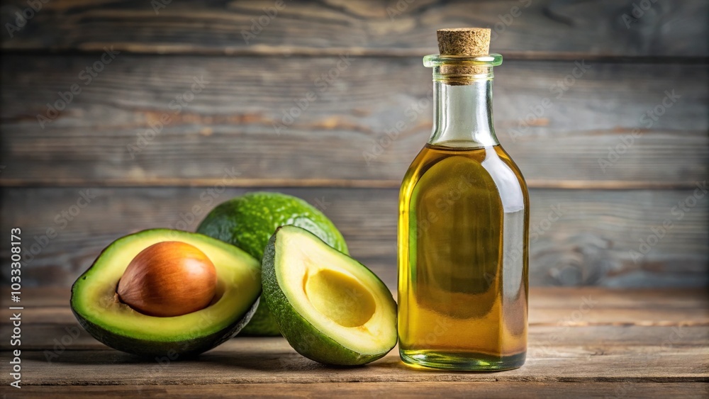 Bottle of oil next to half avocado Bottle of oil next to half avocado