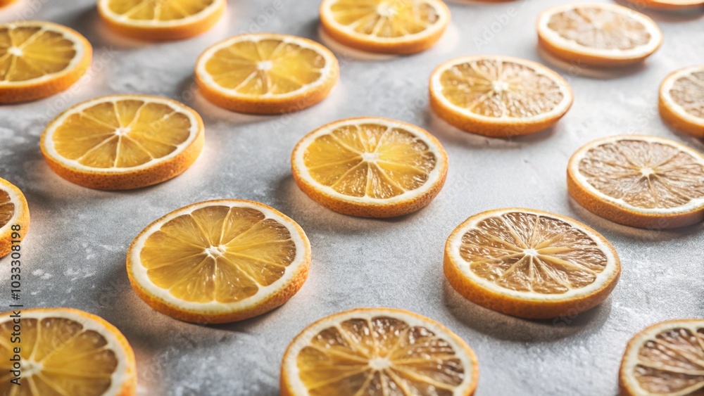 Dried orange slices arranged in a repeating pattern on a gray background. Dried orange slices arranged in a repeating pattern on a gray background.