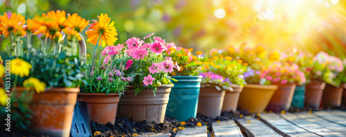 Sunlit Garden with Colorful Flowerpots and Gardening Tools in Early Morning, Ideal for Spring Planting and Gardening Enthusiasts photo