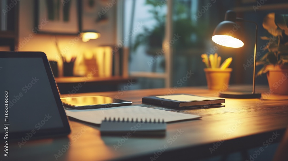 Modern Home Office Desk Setup with Tablet and Notebook Modern Home Office Desk Setup with Tablet and Notebook