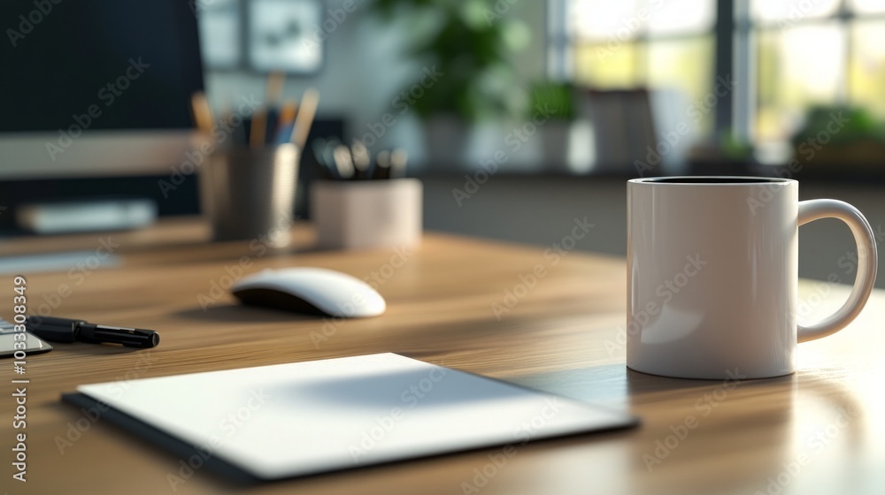 Minimalist Workspace with Coffee Mug on Wooden Desk