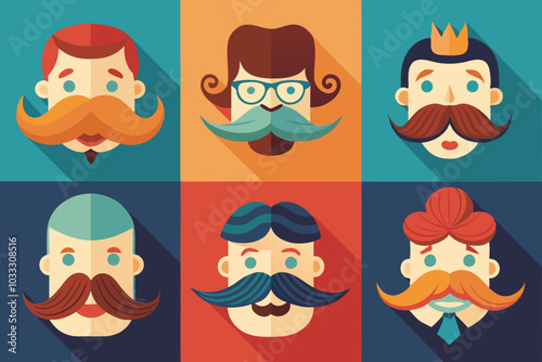 Retro moustache collection with colorful hairstyles and accessories for fun design projects