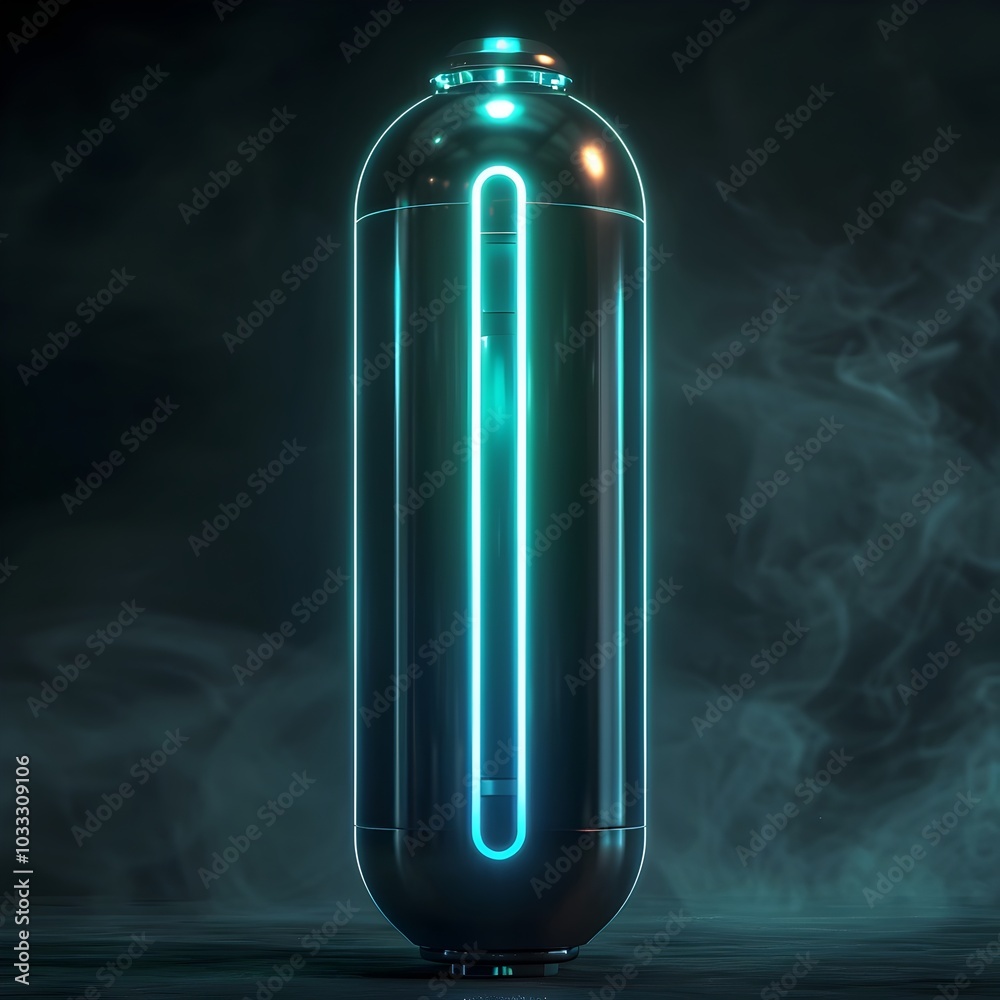 Glowing Futuristic Neon Oxygen Tank with Sleek Metallic Design on Dark Background Glowing Futuristic Neon Oxygen Tank with Sleek Metallic Design on Dark Background