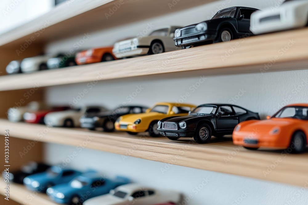 scale cars of various eras placed on shelves, national hobby month. scale cars of various eras placed on shelves, national hobby month.