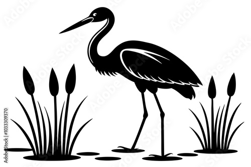 Stork Bird on the Water with Cattails Plants Silhouette Vector
