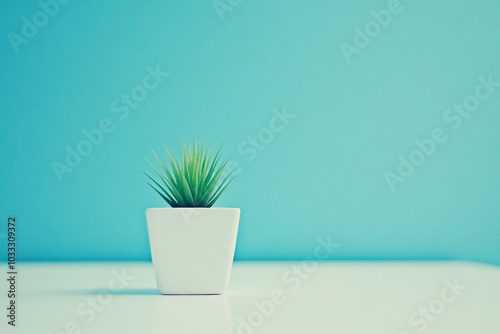 Simple Green Plant in White Pot on Blue Background