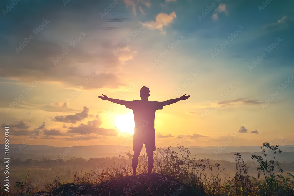 Happy man rise hand on morning view. Christian inspire praise God on good friday background. Now one man self confidence on peak open arms enjoying nature the sun concept world wisdom fun hope Happy man rise hand on morning view. Christian inspire praise God on good friday background. Now one man self confidence on peak open arms enjoying nature the sun concept world wisdom fun hope