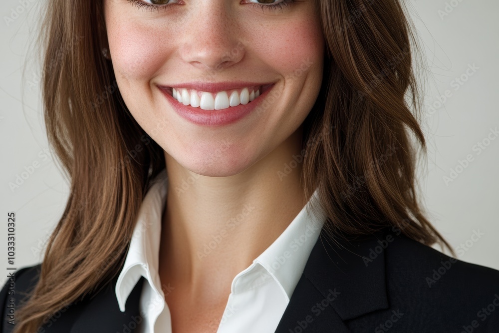 Businesswoman headshot with focus on smiling face on solid white background Businesswoman headshot with focus on smiling face on solid white background