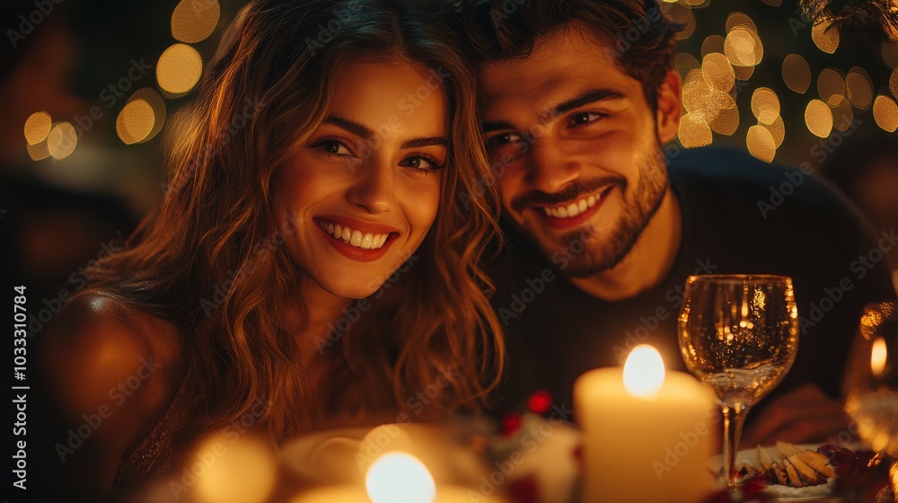Romantic couple enjoying a candlelit dinner celebration Romantic couple enjoying a candlelit dinner celebration