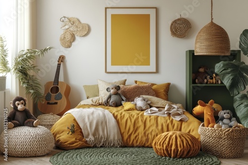 Yellow kids room interior with mock up poster frame, braided bed, green shelf, plush lampa, monkey, guitar, brown bedding, rug, basket, colorful toys and personal accessories. Home decor photo