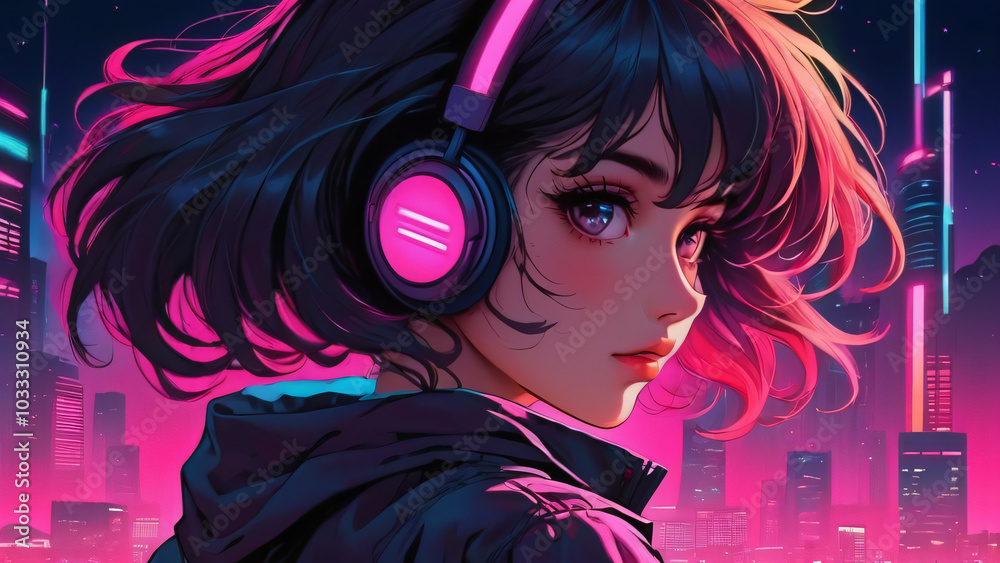 Naklejka premium Synthwave anime manga girl, lofi background wallpaper design, anime girl, Manga Style