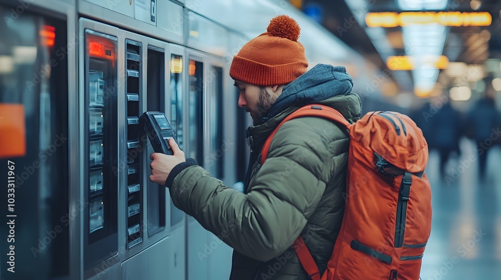 Traveler Stores Backpack in Secure Locker at Busy Train Station for Convenience and Safety Traveler Stores Backpack in Secure Locker at Busy Train Station for Convenience and Safety