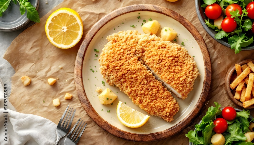 Crispy Breaded Chicken Breast with Lemon and Potatoes (Hungarian Cuisine) Crispy Breaded Chicken Breast with Lemon and Potatoes (Hungarian Cuisine)