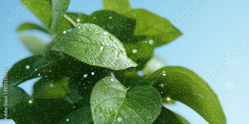 Green Leaves with Glowing Particles   Nature Background for Design