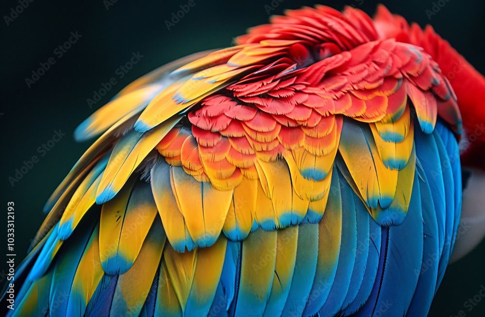 Fototapeta premium Close-up of colorful parrot feathers, vibrant reds and yellows with blue green highlights, exotic texture background