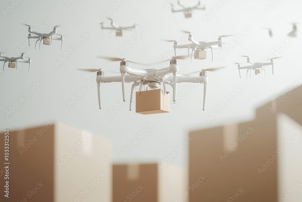 Fototapeta premium Futuristic online shopping banner visualizing drone delivery with packages in flight on solid white background