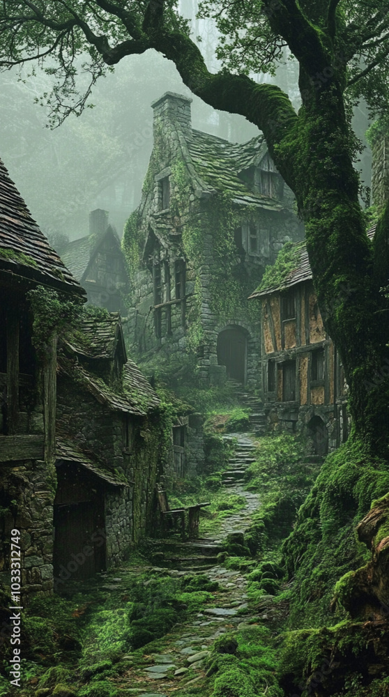 an abandoned village overgrown with thick moss, the crumbling stone buildings and wooden houses slowly being reclaimed by nature, eerie mist swirling through the empty streets, ancient trees towering an abandoned village overgrown with thick moss, the crumbling stone buildings and wooden houses slowly being reclaimed by nature, eerie mist swirling through the empty streets, ancient trees towering