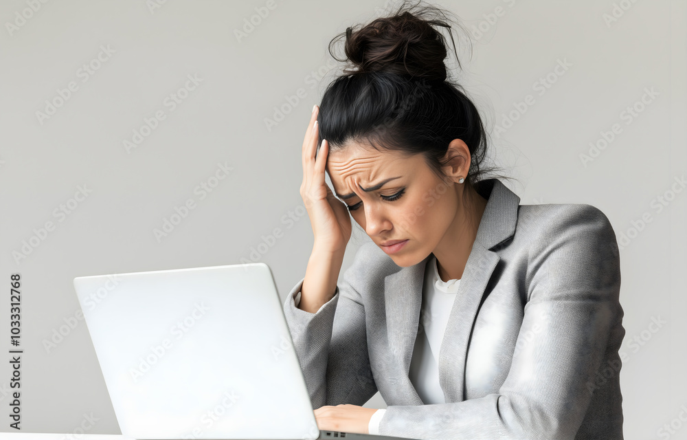 Distressed Businesswoman Sitting with a Laptop, Isolated on White Background
