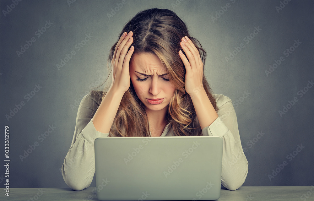 Stressed Businesswoman Holding Her Head with Wrist Pain While Using a Laptop Stressed Businesswoman Holding Her Head with Wrist Pain While Using a Laptop