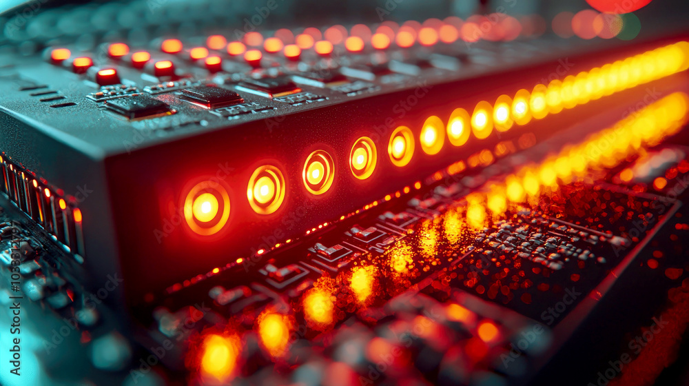 Close-up of a circuit board with glowing red lights, showcasing technology and electronics. Close-up of a circuit board with glowing red lights, showcasing technology and electronics.