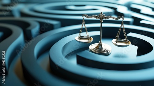 Symbolic scales of justice on a complex maze background