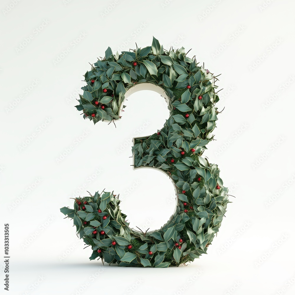 3D number 3 with holly leaves realistic modern design, soft lighting, white background 3D number 3 with holly leaves realistic modern design, soft lighting, white background