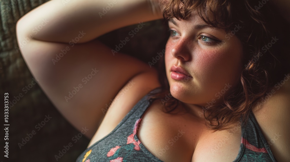 Fototapeta premium Overweight woman and mental health, addressing the intersection of body image, self-esteem, and mental well-being