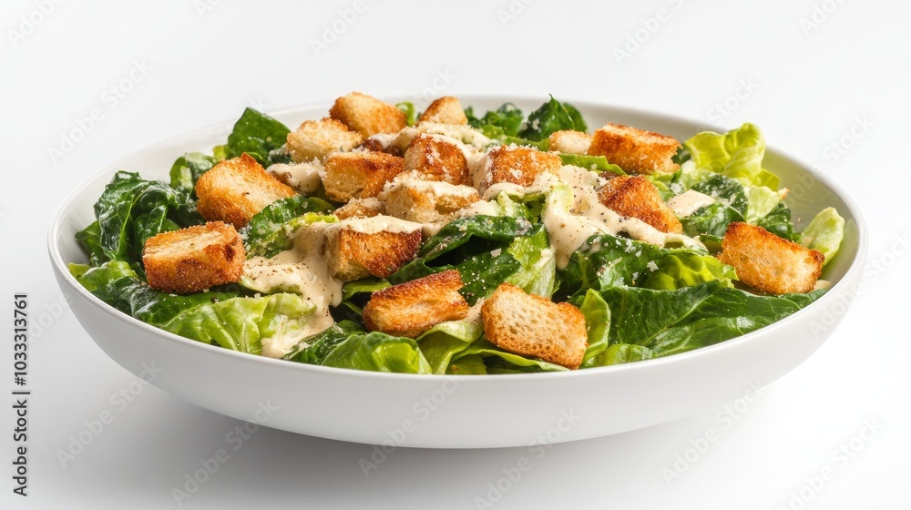 A close-up of a fresh Caesar salad with croutons and dressing in a white bowl. A close-up of a fresh Caesar salad with croutons and dressing in a white bowl.