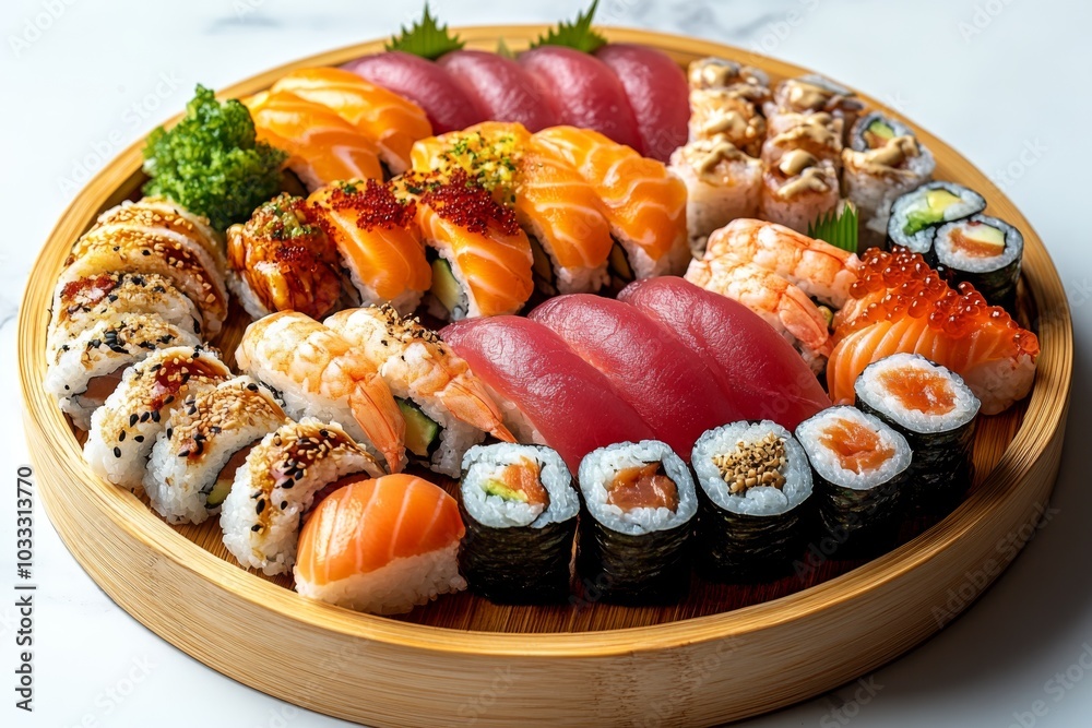 Assorted Sushi Rolls and Nigiri on Wooden Plate Assorted Sushi Rolls and Nigiri on Wooden Plate