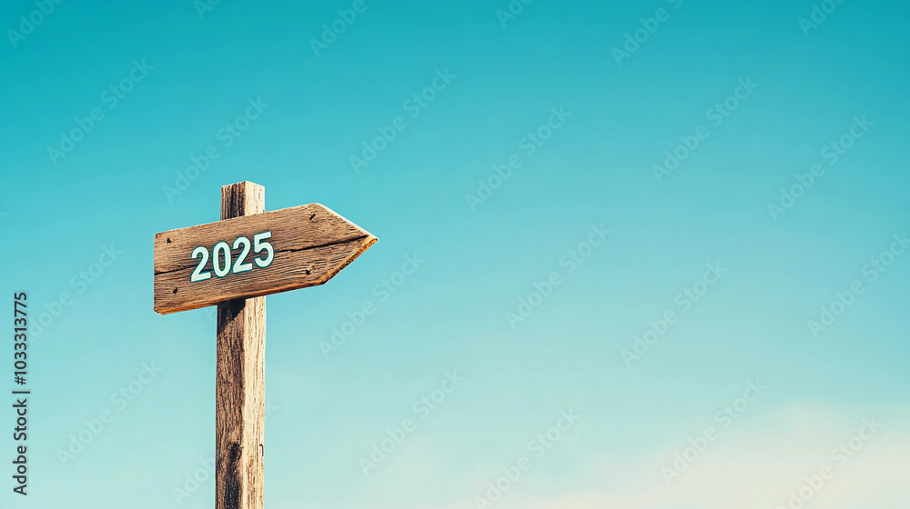 Wooden Arrow Sign with 2025 Inscription Pointing Forward Against a Clear Blue Sky. Concept of Future, Progress, and New Opportunities. Wooden Arrow Sign with 2025 Inscription Pointing Forward Against a Clear Blue Sky. Concept of Future, Progress, and New Opportunities.