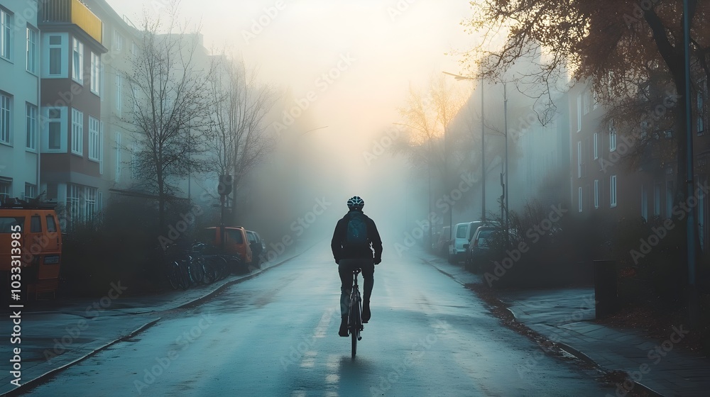 Lone Cyclist Journeying Through Misty Urban Landscape at Dawn Lone Cyclist Journeying Through Misty Urban Landscape at Dawn